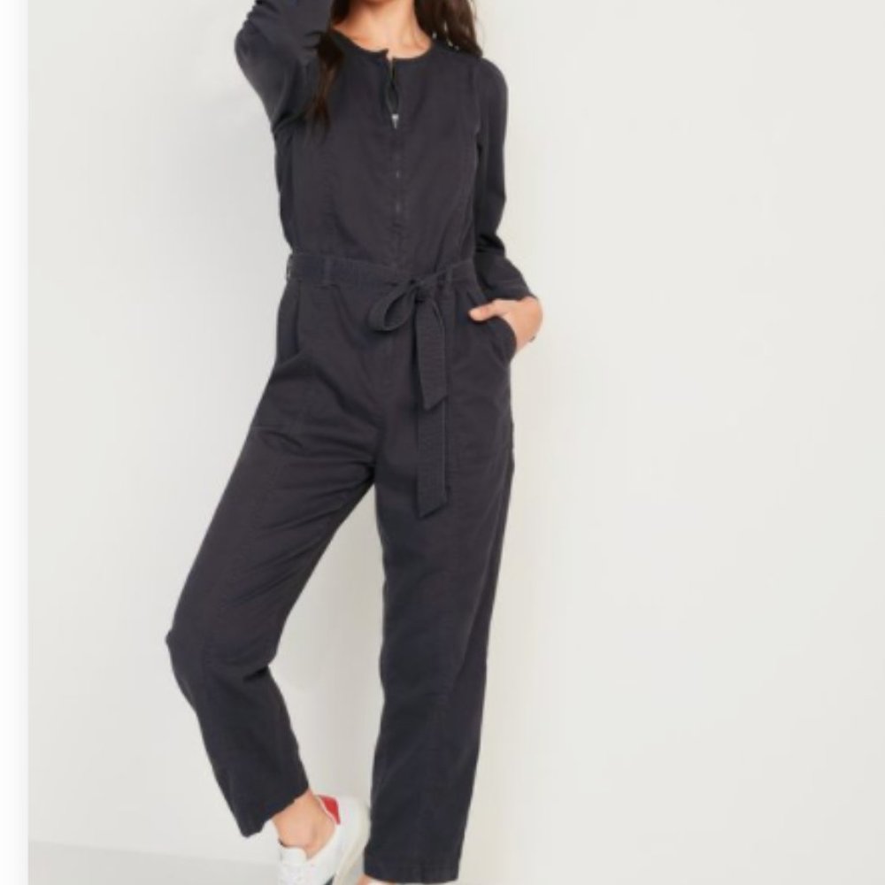 Brand New Long-Sleeve Zip-Front Cropped Utility Jumpsuit